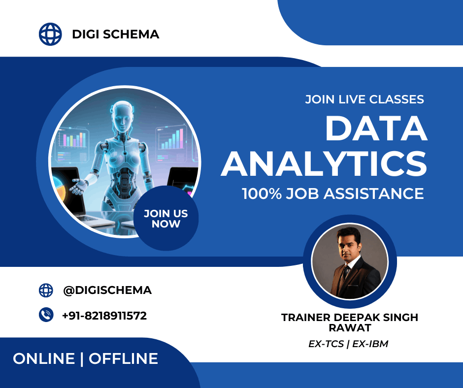 A robot is standing in the banner and offering Data analytics course, A banner has trainer photo as well.